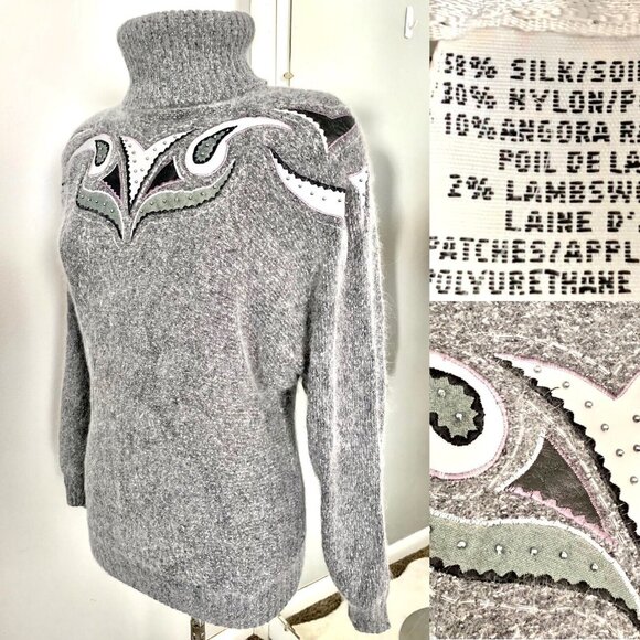 Vintage Turtleneck Sweater Silk Angora Lambswool M Gray Embroidered Beaded - Picture 10 of 10